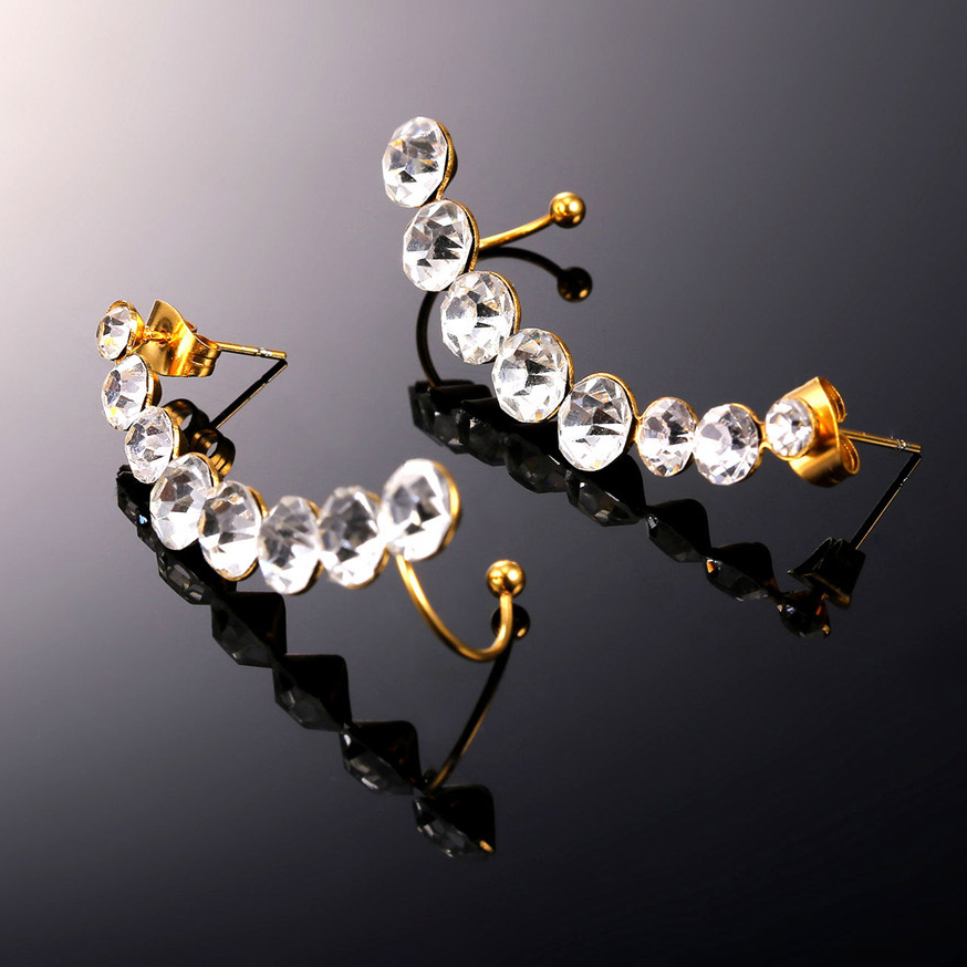 Caterpillar Statement Earrings - 7 Stud Crystal Cuffs Lightweight